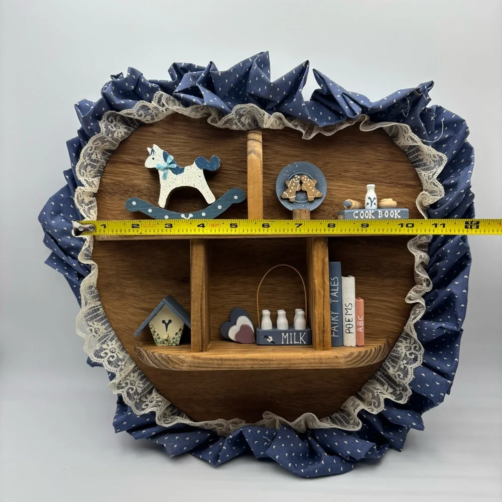 Vtg Wood Wall Shelf Curio Shadow Box Heart Dividers Display Country Farmhouse